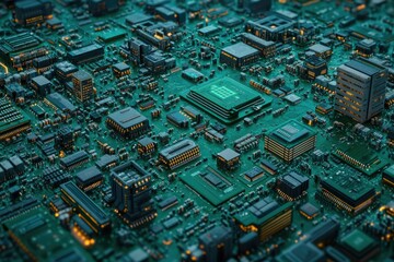 Leinwandbilder - A detailed close-up of a circuit board, resembling a futuristic cityscape with illuminated buildings.
