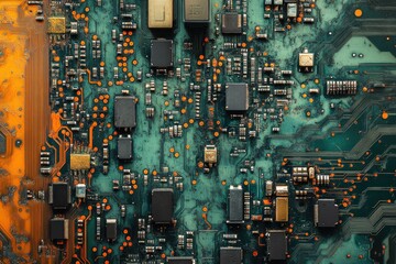 Aufkleber - Close-up view of a complex, aged circuit board with intricate circuitry and electronic components.