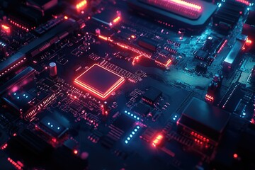 Poster - Close-up of a vibrant, illuminated circuit board showcasing intricate electronic components and glowing pathways.