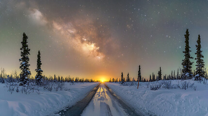 A road with a bright orange sun in the sky