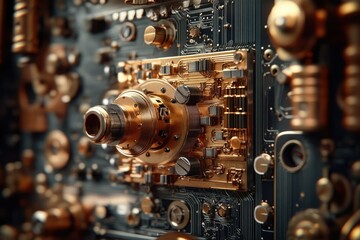 Fototapete - Close-up of intricate steampunk-inspired circuit board with copper components and gears.