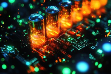 Leinwandbilder - Glowing vacuum tubes illuminate a vibrant circuit board, showcasing intricate technological details.