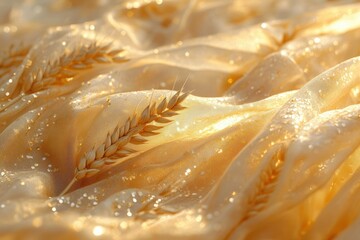 Fototapete - Golden wheat stalks rest gently on a shimmering, luxurious, golden fabric.