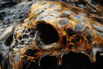 Aufkleber - Abstract close-up of viscous, golden liquid with air bubbles, resembling a geological formation or organic structure.