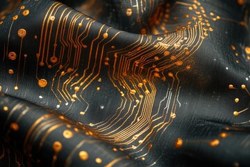 Aufkleber - Close-up of dark fabric with gold circuit-board pattern, resembling technological textile.