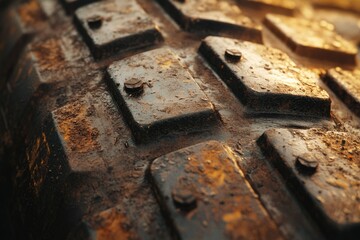 Poster - Close-up of a heavily used, mud-caked tire tread showing wear and tear with visible bolts.