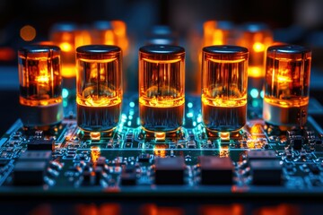Aufkleber - Glowing vacuum tubes are mounted on a circuit board, showcasing vintage electronics technology.