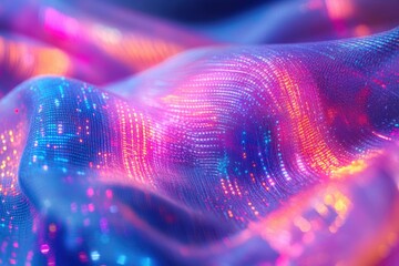Poster - Abstract image of vibrant, glowing fabric with pink, blue, and orange hues, creating a wavy texture.