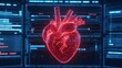 © Thanagorn - A glowing digital human heart is displayed on a futuristic screen with data and medical information in the background.