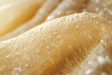 Aufkleber - Close-up of delicate, golden fabric with small white dots, showcasing its texture and sheen.
