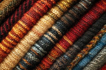 Poster - A stack of colorful knitted fabrics showcasing various textures and patterns in warm autumnal tones.