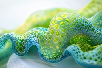 Poster - Abstract 3D render of a porous, wavy structure in vibrant green and blue hues.
