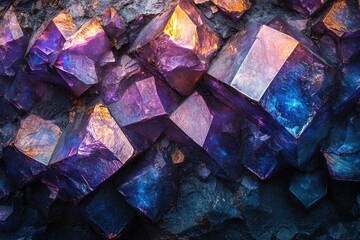 Poster - A mesmerizing close-up of vibrant purple and blue crystals, showcasing their intricate geometric structures and radiant glow.