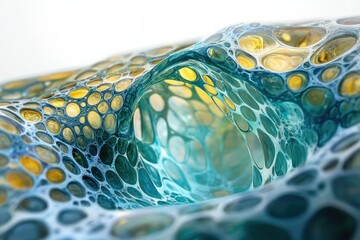 Poster - Abstract image of a flowing, teal and gold substance with a cellular, bubble-like structure.