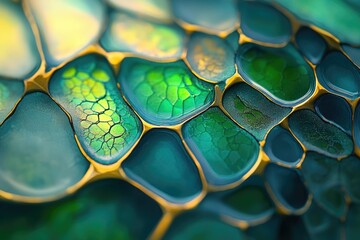 Fototapete - Close-up of abstract art resembling vibrant, jewel-toned scales with gold veining.