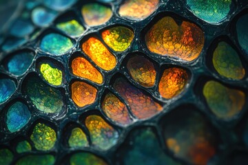 Poster - Close-up of iridescent, textured surface resembling scales or cells with vibrant colors.