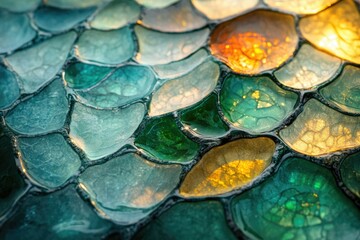 Poster - Close-up of a vibrant mosaic artwork with teal, green, and amber glass pieces arranged in a scale-like pattern.