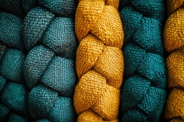 Poster - Close-up of three braided fabrics in teal and mustard yellow, showcasing intricate texture and color.