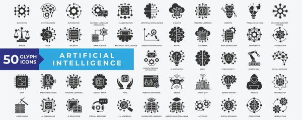 Artificial Intelligence icon set with algorithm, deep learning, automation, machine learning, robotic, data science, brain, robotic process automation, cyber security and neural network
