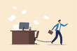 © Sector30 - Office job work hard like a slave, overworked with busy and urgent assignment, exhausted or stressful responsibility concept, depressed businessman prisoner found himself chained with working desk.
