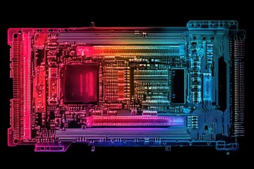 Fototapete - Close-up of a vibrant, multicolored circuit board showcasing intricate electronic components and pathways.