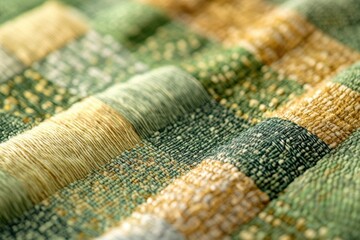 Aufkleber - Close-up of textured fabric with interwoven green and gold threads creating a plaid pattern.