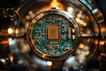 Leinwandbilder - Close-up view of a microchip circuit board, showcasing intricate electronic components and connections.