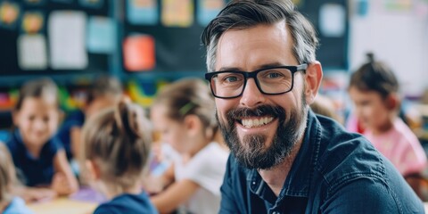 Smiling teacher in a classroom with students. Education and teaching concept. Human portrait of instructor or lecturer smiling at camera while sitting at classroom and blurring background. AIG51.