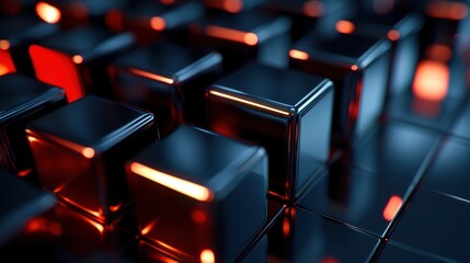 Wall Mural - Abstract metallic cubes, glowing red accents, futuristic technology background, design element