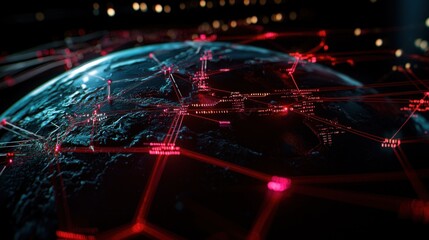 Wall Mural - global network map of earth with futuristic connections, city lights in background