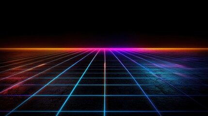 Wall Mural - retrofuturistic grid floor glowing neon lights, empty space