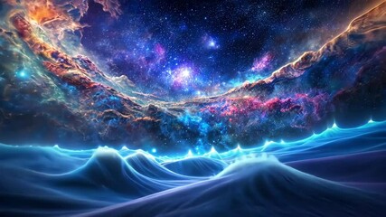 Wall Mural - Glowing Nebula Clouds and Majestic Mountains in a Vibrant Cosmic Landscape