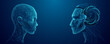 © AntonKhrupinArt - An abstract human looks into the face of a humanoid robot with an AI brain. Artificial intelligence and science innovation concept. Technology blue background. Digital wireframe vector illustration.