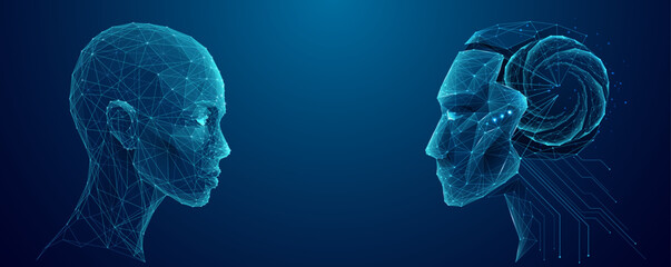 Fototapete - An abstract human looks into the face of a humanoid robot with an AI brain. Artificial intelligence and science innovation concept. Technology blue background. Digital wireframe vector illustration.