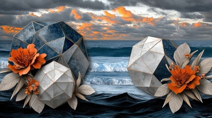 Wall Mural - geometric ocean sunset scene with decorative floral elements