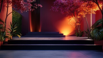 Canvas Print - Empty stage, illuminated steps,  night garden, pink and orange hues