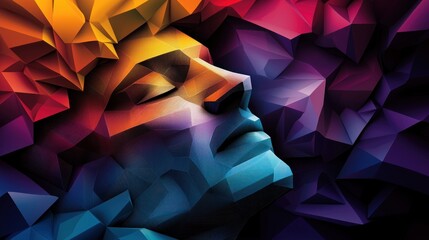 Wall Mural - abstract polygonal face, relaxed pose, vibrant colors, geometric background, digital art
