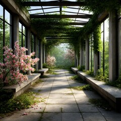 Aufkleber - Botanical Sanctuary: A sun-drenched path through a vine-covered pergola, where nature intertwines with architectural elements.