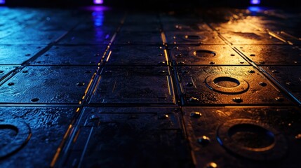Wall Mural - Futuristic metal floor tiles illuminated by vibrant neon lights