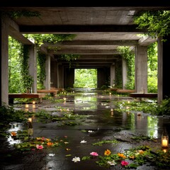 Aufkleber - Enchanted Passageway: Concrete Structure Embraced by Nature, Flowers, and Candles Casting a Magical Glow on the Watery Surface