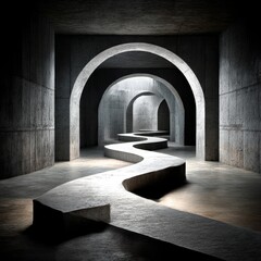 Poster - Navigating the Concrete Labyrinth: A Winding Path Through Arched Passages into an Enigmatic Unknown