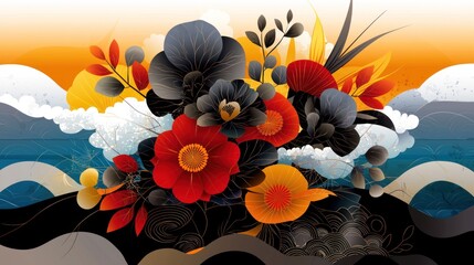 Wall Mural - vibrant floral bouquet over wavy ocean landscape
