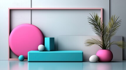 Wall Mural - modern geometric display with palm plant