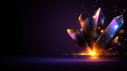 Wall Mural - sparkling crystals erupting from dark ground; glowing particles in background