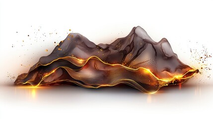 Wall Mural - abstract mountain range, flowing gold lines, fiery particles, white background