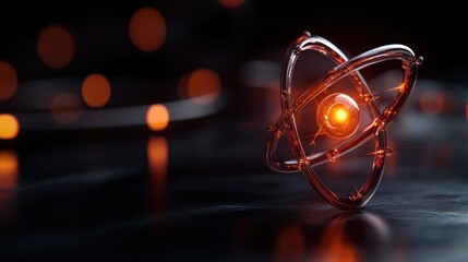 Wall Mural - illuminated atom model on dark surface with bokeh background
