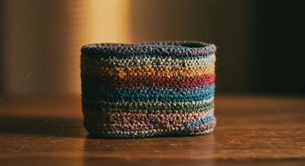 Aufkleber - A colorful crocheted basket sits on a wooden table