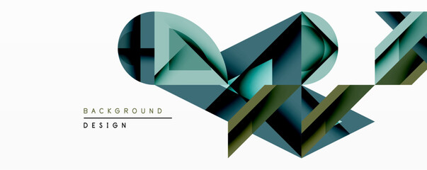 Fototapete - Abstract geometric design features layered triangles forming shapes. Teal, olive, gray hues create depth, modern aesthetic. Minimalist background emphasizes form, texture.