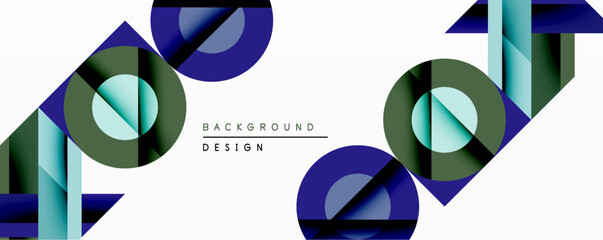 Poster - Abstract geometric composition. Overlapping circles, squares, rectangles create dynamic visual effect. Blue, green hues dominate design. Minimalist style.