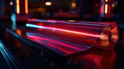 Wall Mural - rolled transparent material, futuristic production facility, neon lighting